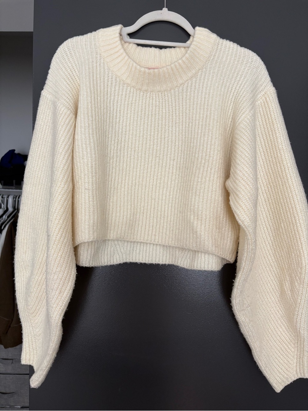 Urban Outfitters Cream Ribbed Cropped Crewneck Sweater